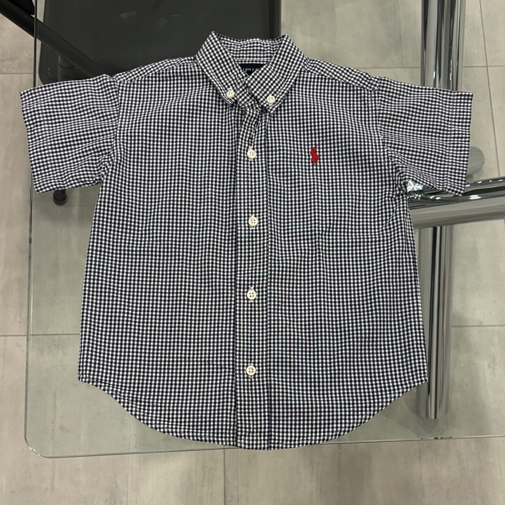 Ralph Lauren Navy & White Gingham Button-Down Shirt with Red Pony